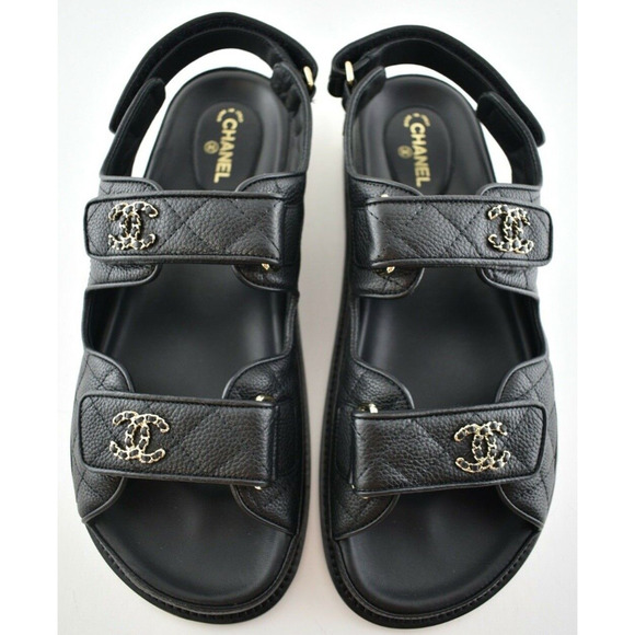 Chanel REV Black Caviar Gold CC Logo Mule Slide Strap Flat Teva Dad Sandal 36.5 - Picture 1 of 12